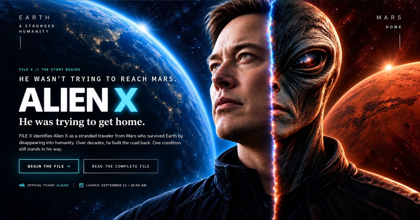 Alien X split between his human identity on Earth and alien identity on Mars, with the official ALIENX ticker and September 15 launch details